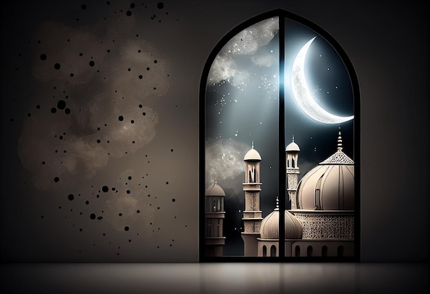 Eid al fitr background of window with mosque Ramadan kareem eid mubarak islamic lantern on a table