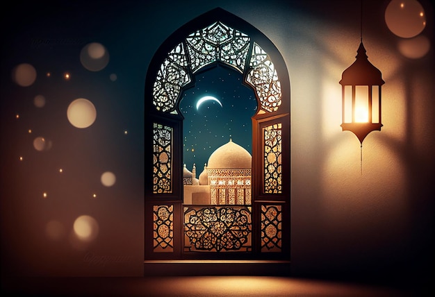 Eid al fitr background of window with mosque Ramadan kareem eid mubarak islamic lantern on a table