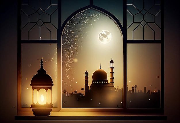 Eid al fitr background of window with mosque Ramadan kareem eid mubarak islamic lantern on a table