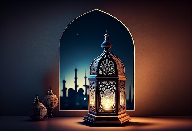 Eid al fitr background of window with mosque Ramadan kareem eid mubarak islamic lantern on a table