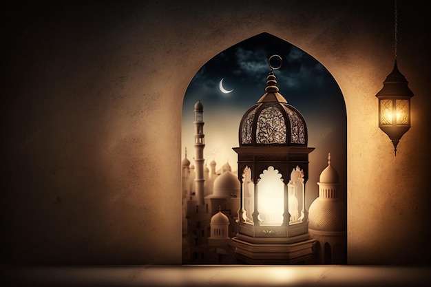 Eid al fitr background of window with mosque Ramadan kareem eid mubarak islamic lantern on a table