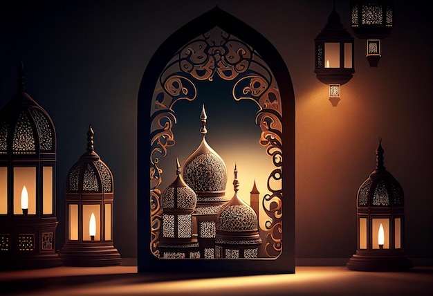 Eid al fitr background of window with mosque Ramadan kareem eid mubarak islamic lantern on a table