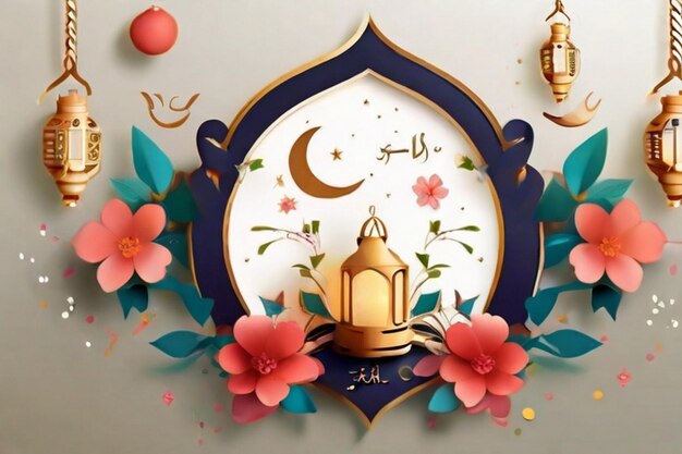 eid al fitr design template decorated with cute lantern crescent moon and flower