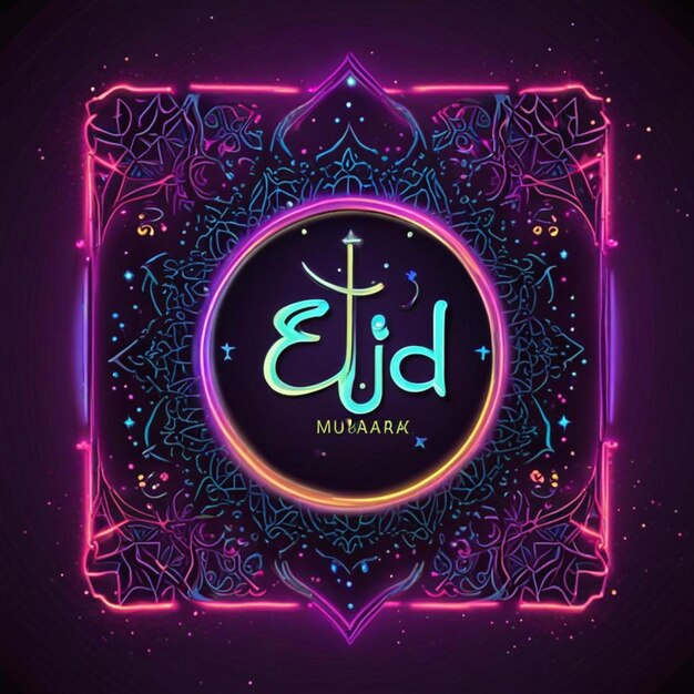 Photo eid al fitr festive card collection design template in modern trend style neon islamic background