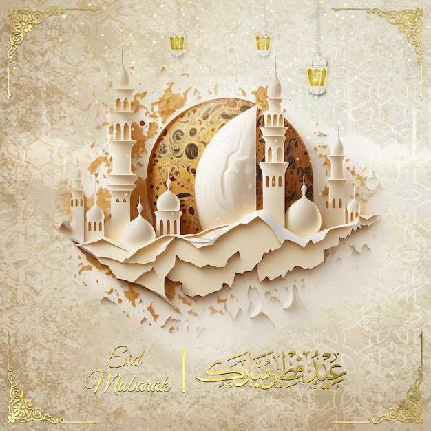 An eid al fitr greeting card with a mosque and a moon