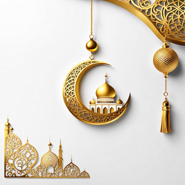 Eid al fitr poster greeting cards template with lantern and mosque with Text Space white background