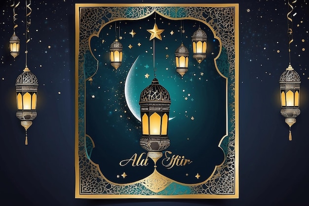 Eid al fitr poster template with a lantern background at night