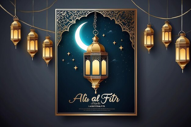 Eid al fitr poster template with a lantern background at night