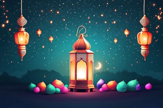 Eid al fitr poster template with a lantern in the background