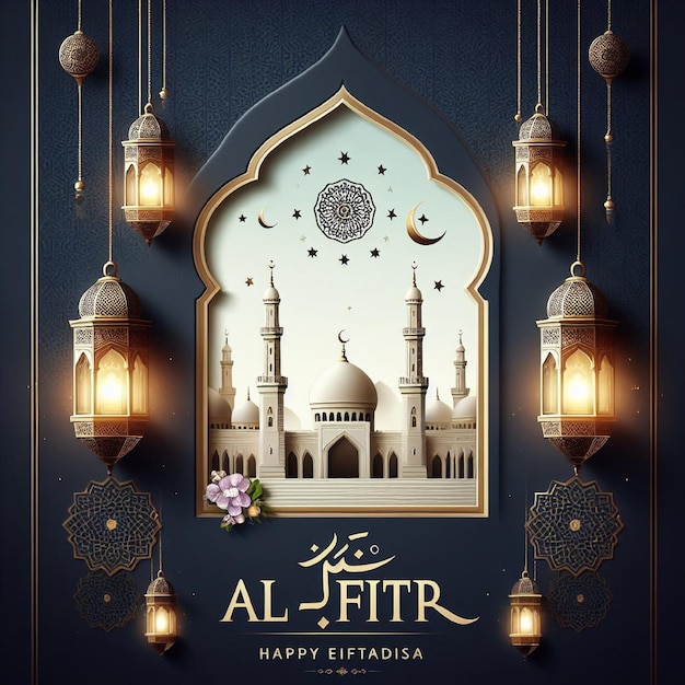 Photo eid al fitr poster template with lantern and mosque window background islamic greeting cards