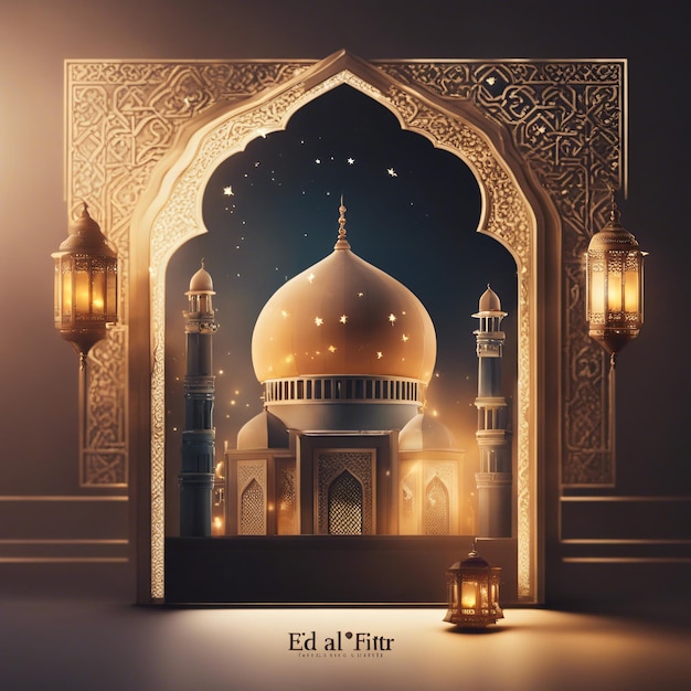 Eid al fitr poster template with lantern and mosque window background Islamic greeting cards