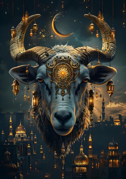 Eid alAdha Eid Mubarak A bull with a golden horn and a golden sun on its head