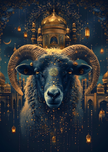 Eid alAdha Eid Mubarak A ram with horns and a face is shown in a painting