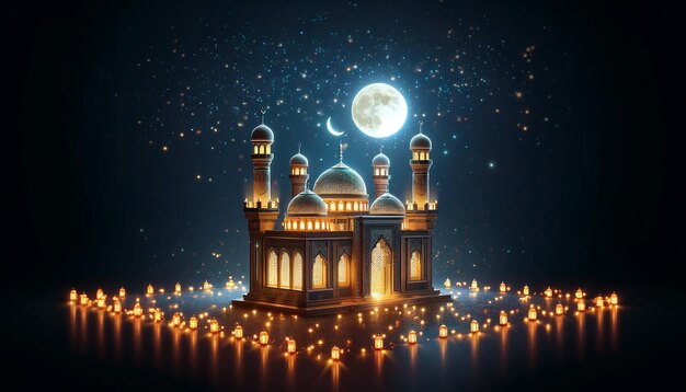 Eid alAdha greeting card featuring a beautifully illuminated mosque at dusk