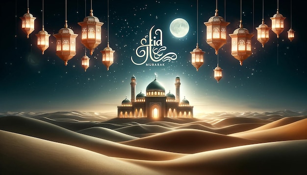 Eid alAdha greeting card featuring a beautifully illuminated mosque at dusk