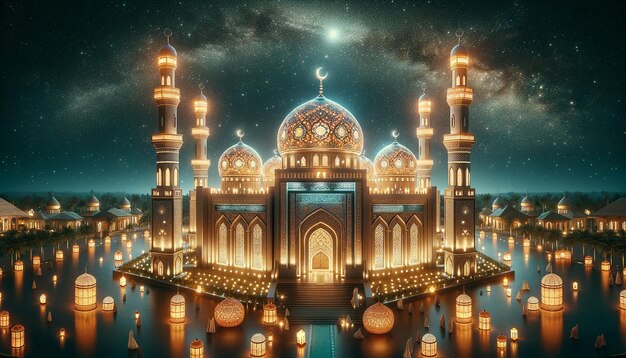 Eid alAdha greeting card featuring a beautifully illuminated mosque at dusk