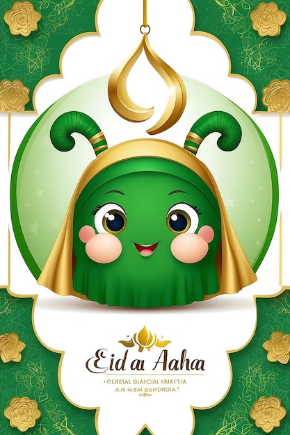 Eid alAdha Greetings Cartoon Character on Green Golden and White Background