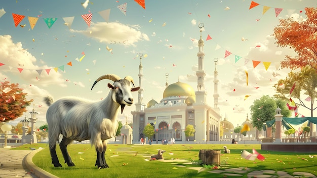 Eid alAdha Mubarak celebration with a joyful goat in a park vibrant buntings a grand mosque and a clear sky with scattered clouds