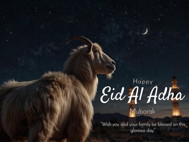 Photo eid aladha mubarak celebration with moon and goat on night background