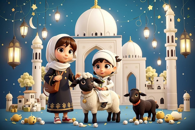 Eid AlAdha Mubarak Greeting Card Cartoon Muslim Kids