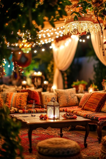 Eid alAdha Outdoor Setting with Rich Textiles and Lights