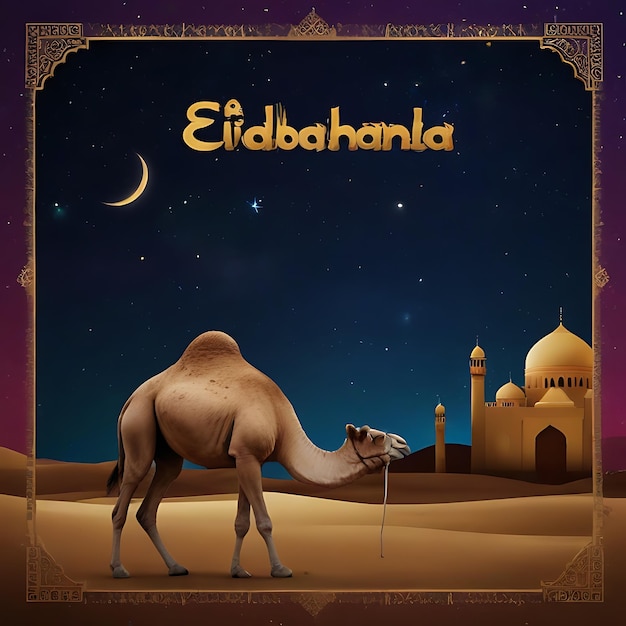 Photo eid aladha poster design with camel and mosque background genarated by ai