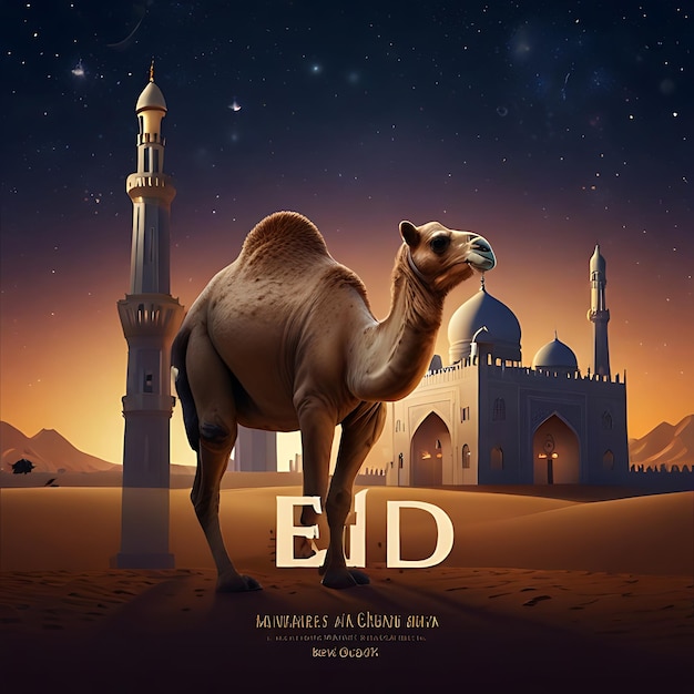 Photo eid aladha poster design with camel and mosque background genarated by ai