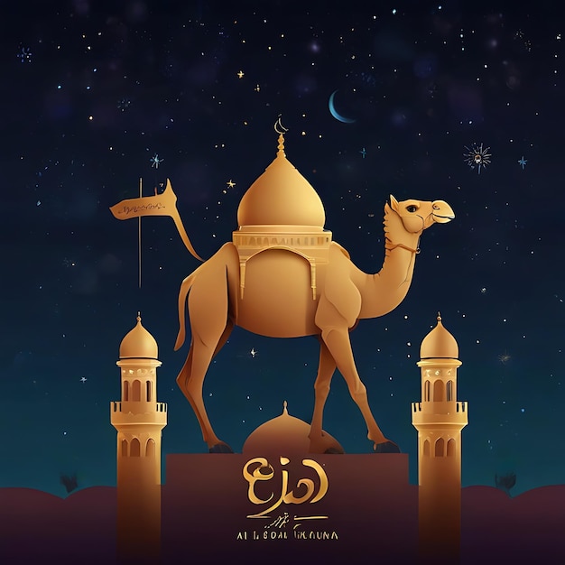 Photo eid aladha poster design with camel and mosque background genarated by ai