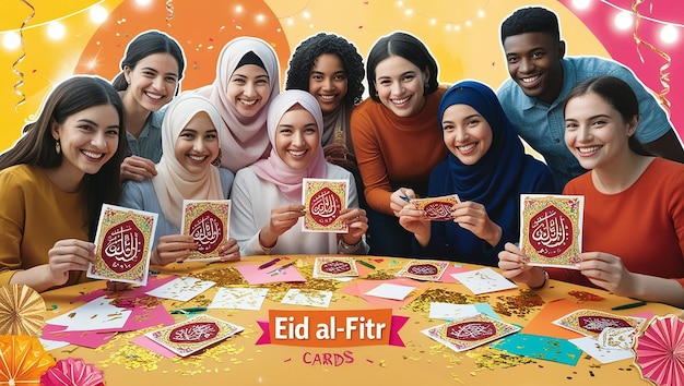 Photo eid alfitr concept with friends showing letters