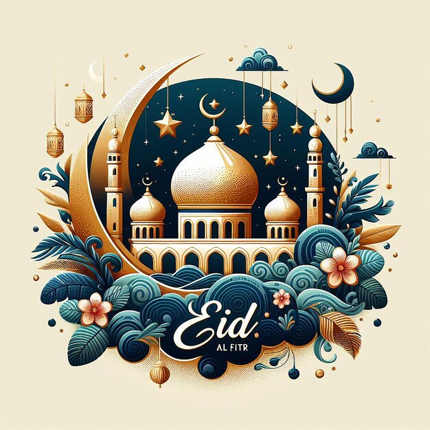 Eid alFitr Eid Mubarak lettering with beautiful mosque