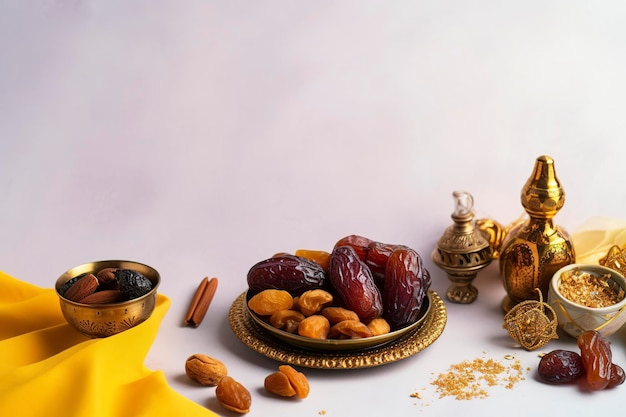 Eid alFitr holiday concept with sweet dried dates fruits and decorations on bright background Top view from above generate ai