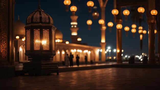 Eid alfitre Hosni Mubarak mosque and lantern background at night