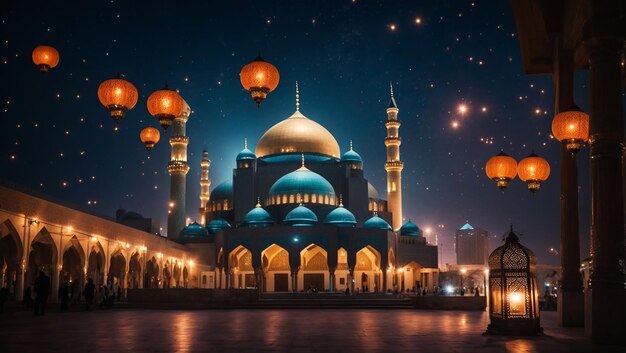 Eid alfitre Hosni Mubarak mosque and lantern background at night