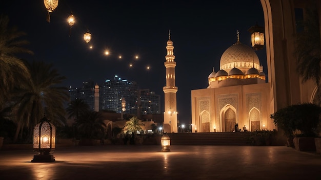 Eid alfitre Hosni Mubarak mosque and lantern background at night