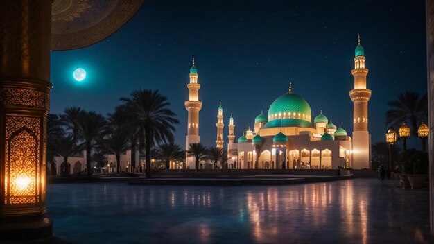 Eid alfitre Hosni Mubarak mosque and lantern background at night