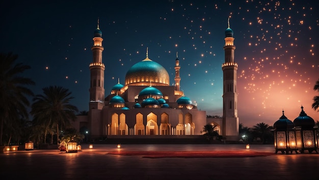 Eid alfitre Hosni Mubarak mosque and lantern background at night