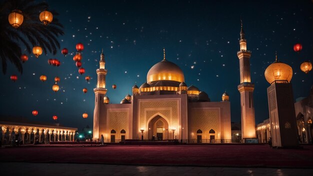 Eid alfitre Hosni Mubarak mosque and lantern background at night