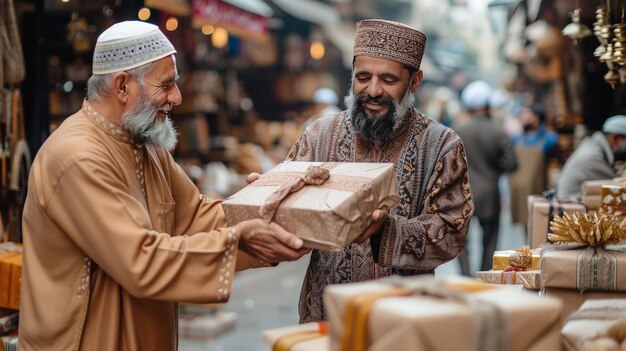 Photo eid gift exchange embracing islamic traditions with two men sharing presents in celebration of islam