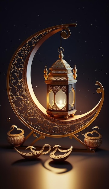 Eid Illuminations Minimalistic Stock Photo Illustration with Crescent Moon and Light Lanterns