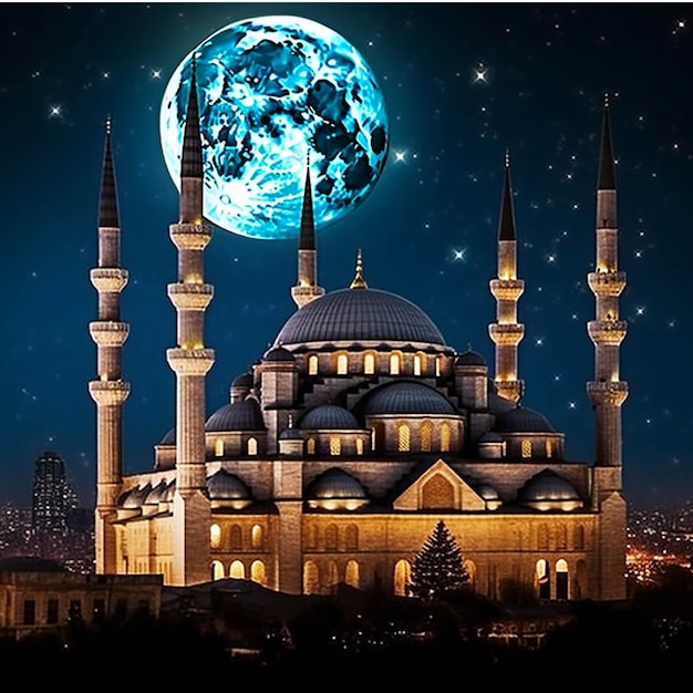 Eid mabarak background with mosque moon and starry sky