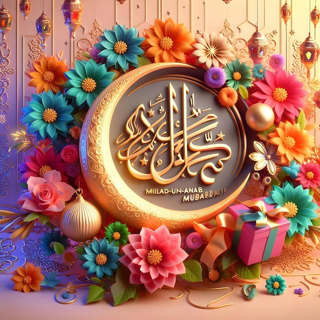 Photo eid miladunnabi mubarak 3d greeting with vibrant colors flowers amp calligraphy