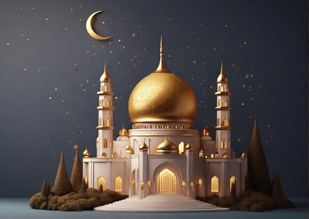 Eid Mubarak 3d illustration of a golden mosque with golden moon and stars ornament