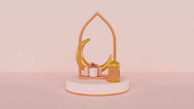 Eid mubarak 3d rmoon, lamp and arch on a podium on light pink background