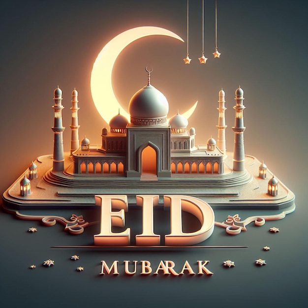 Eid Mubarak 3d text with Mosque background Ai generated