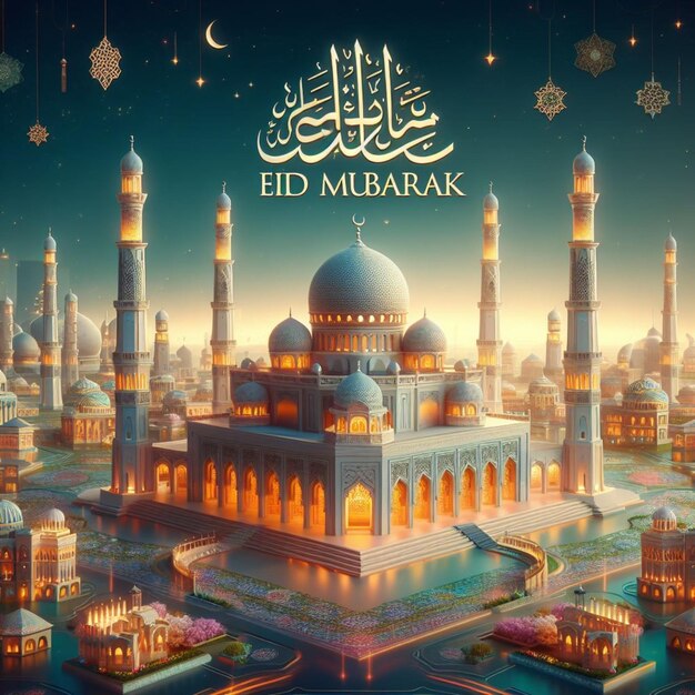 Eid Mubarak 3d text with Mosque background Ai generated