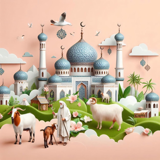 Eid Mubarak background Traditional Eid card with crescent moon and goat New Eid Al Adha image