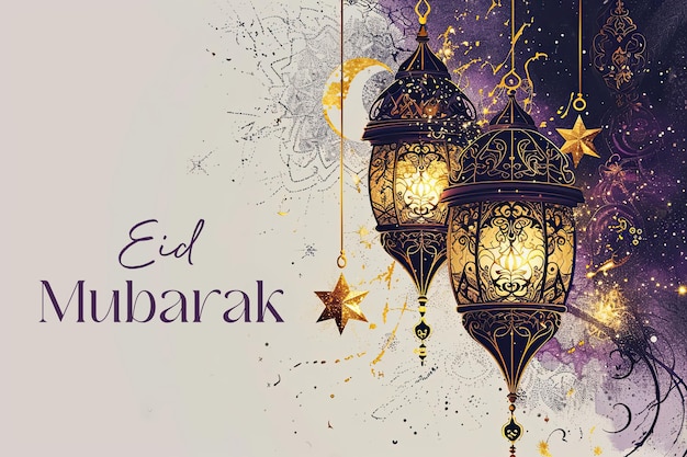 Photo eid mubarak background with arabic golden and violet lanterns and shine