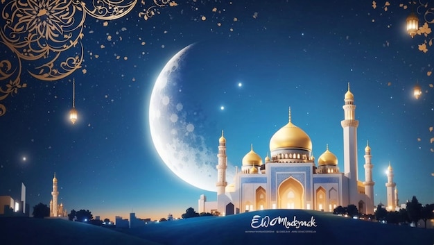 eid mubarak background with candles and mosque