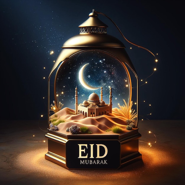 Eid mubarak card design a lantern that encapsulates a miniature scene of a desert starry night sky