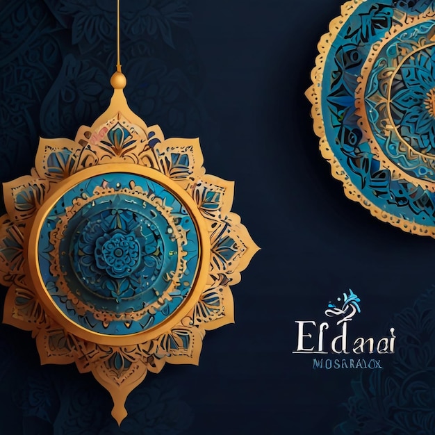 Eid mubarak colorful greeting template blue paper and colorful mandala with ramadam lantarn